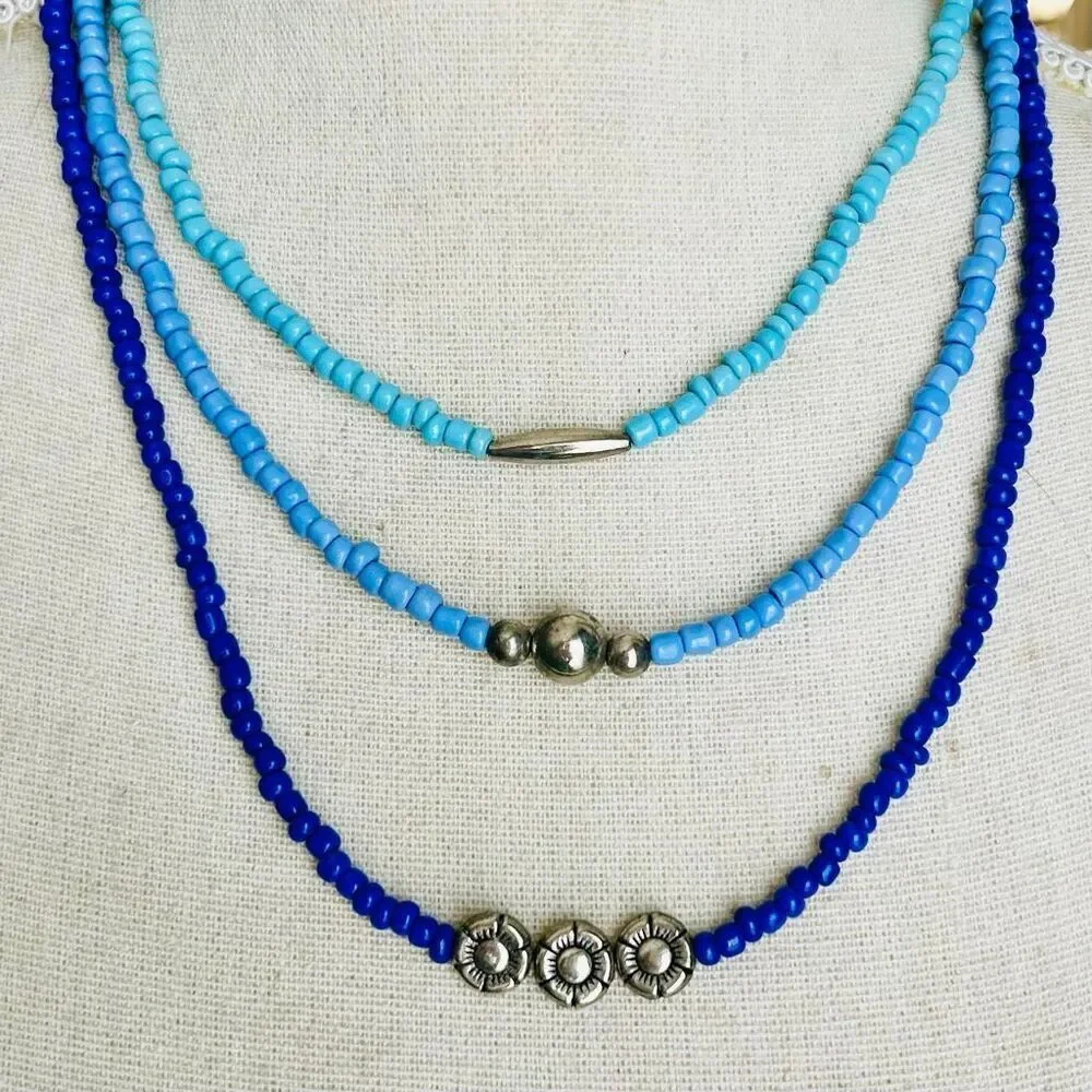 Handcrafted Set of 3 Blue Turquoise Silver Beads Necklaces
